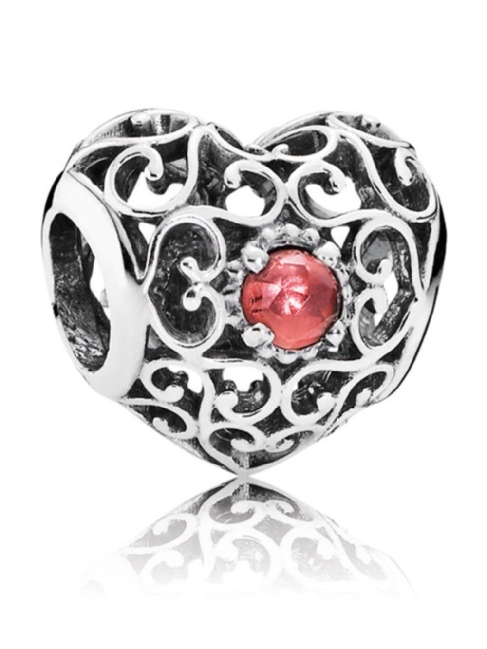 PANDORA OPENWORK HEART GARNET BIRTHSTONE CHARM.